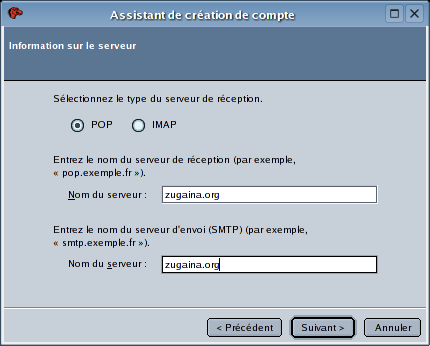 Choix du protocole POP ou IMAP et nom du serveur