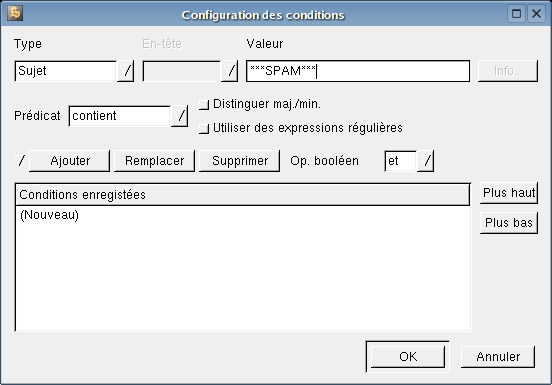 Configuration des conditions