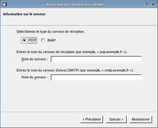 Choix du protocole POP ou IMAP et nom du serveur